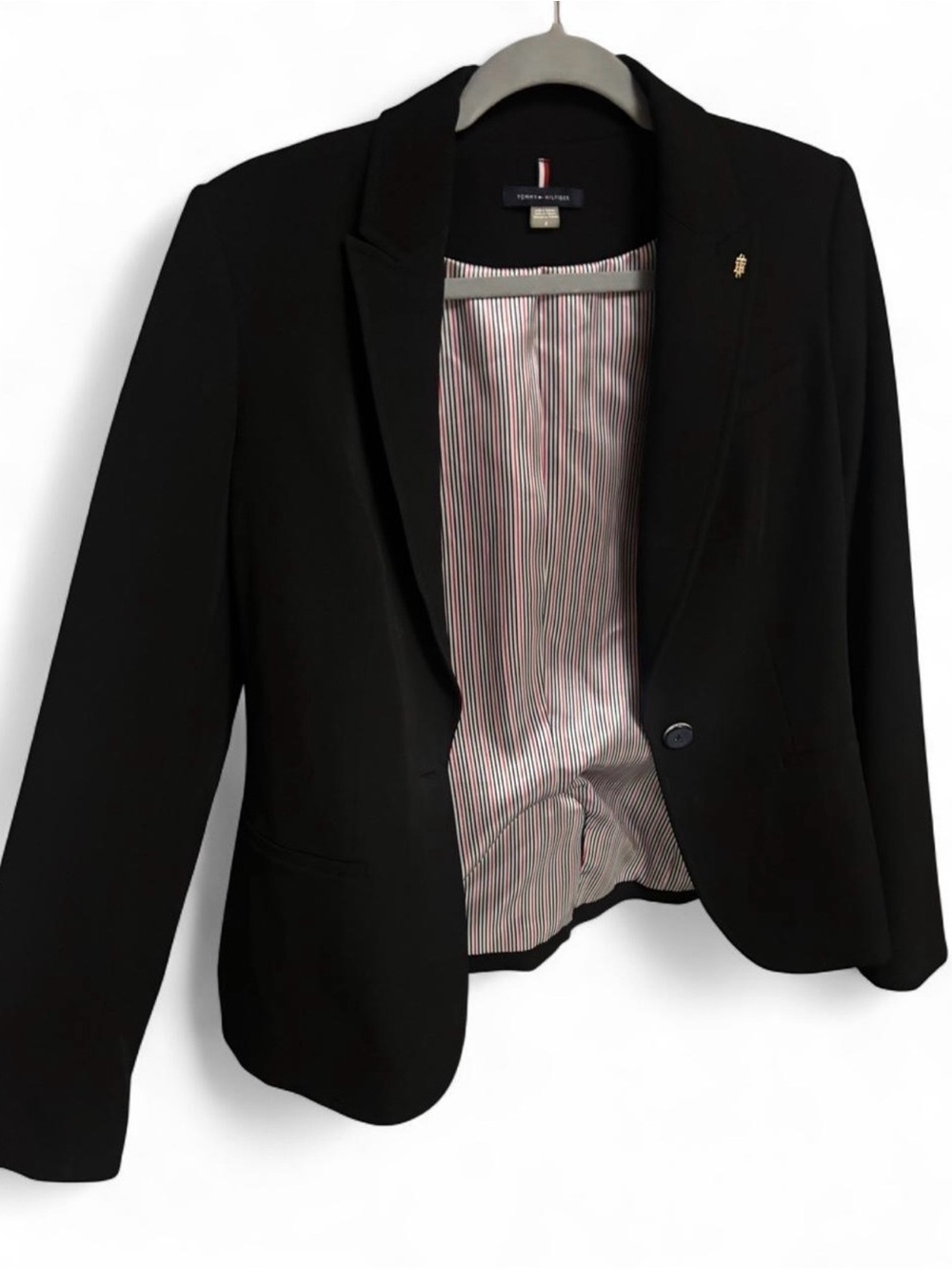 Tommy Hilfiger Black Women's Single-Button Blazer with Striped Lining